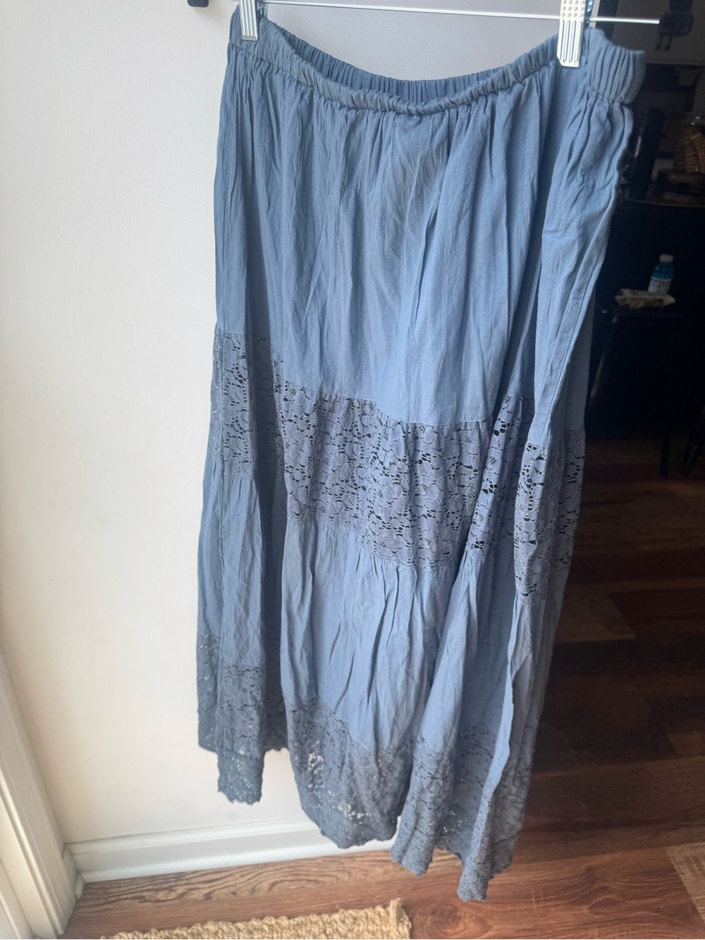 Dusty blue long skirt with floral free size stretchy waist - Picture 3 of 4